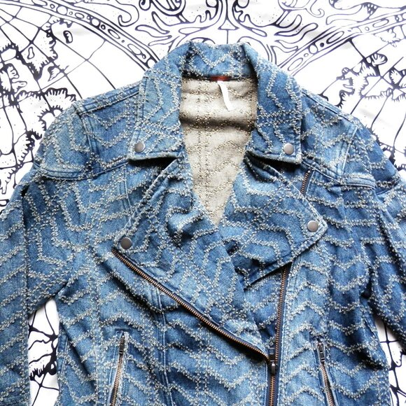 Free People || Punched Denim Herringbone Biker Jacket - Picture 2 of 11